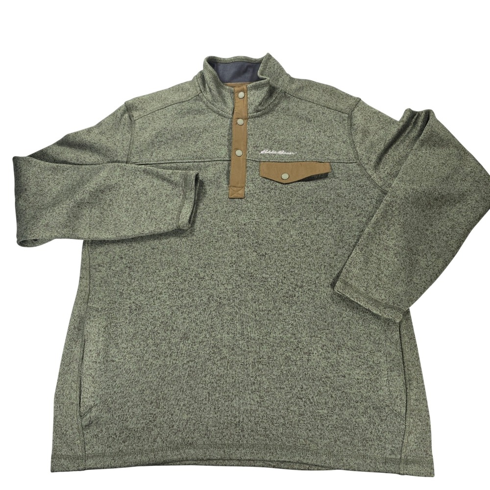 Eddie Bauer Mens XL Green Marled Sweater Fleece Quarter Snap Pullover 13002362